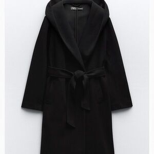 Zara Elegant Black Hooded Belted Coat